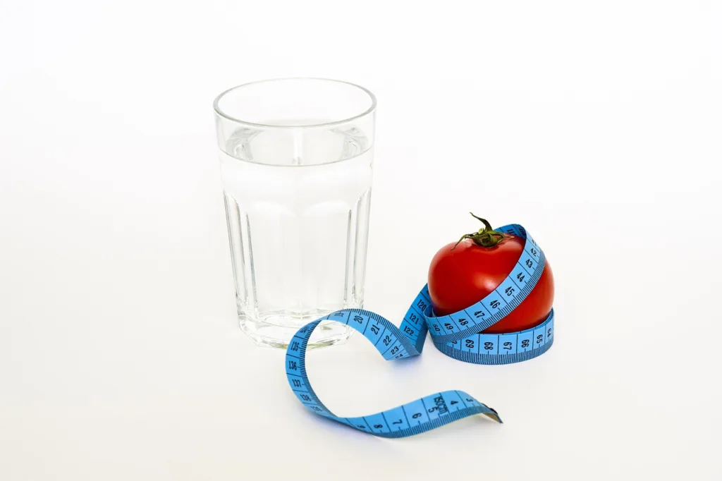 tape, nature, tomato, glas, diet, water, drinking, health, weight, healthy, loss, nutrition, dieting, food, fitness, fit, lifestyle, concept, care, overweight, eating, exercise, obesity, slim, fruit, lose, measure, calories, medical, organic, balance