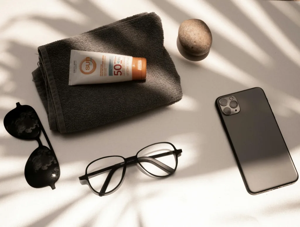 Flat lay of summer essentials: sunscreen, glasses, smartphone, and towel under sunlight in Yucatan, Mexico.