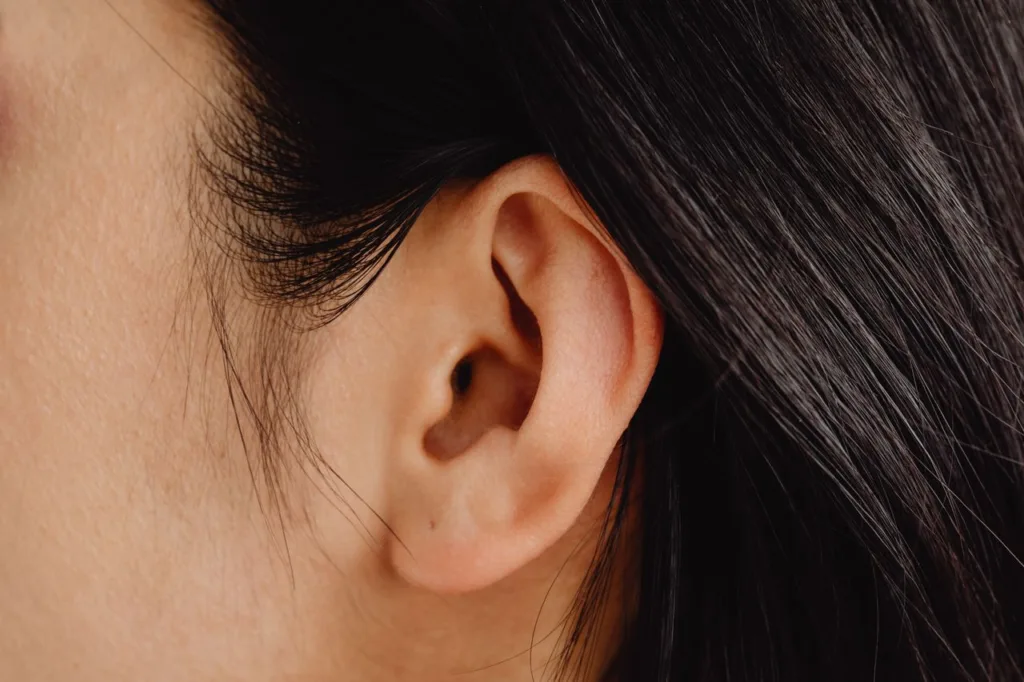 Detailed close-up photo showcasing a human ear with dark hair.